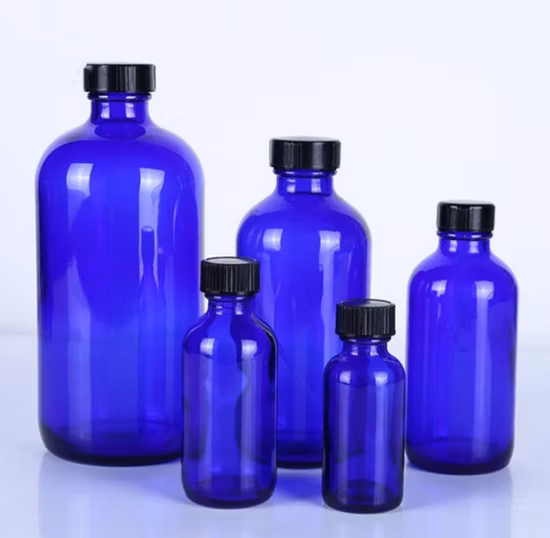 15ml 30ml 60ml 120ml 250ml 500ml 1000ml Cobalt Blue or Amber Boston Round Glass Bottle